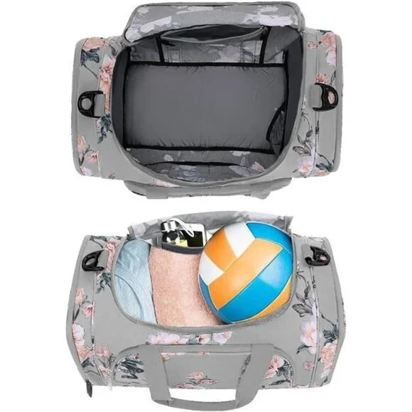 Gray Floral Print Sports Travel Tote Weekender Duffle Gym‎ Bag Crossbody Purse